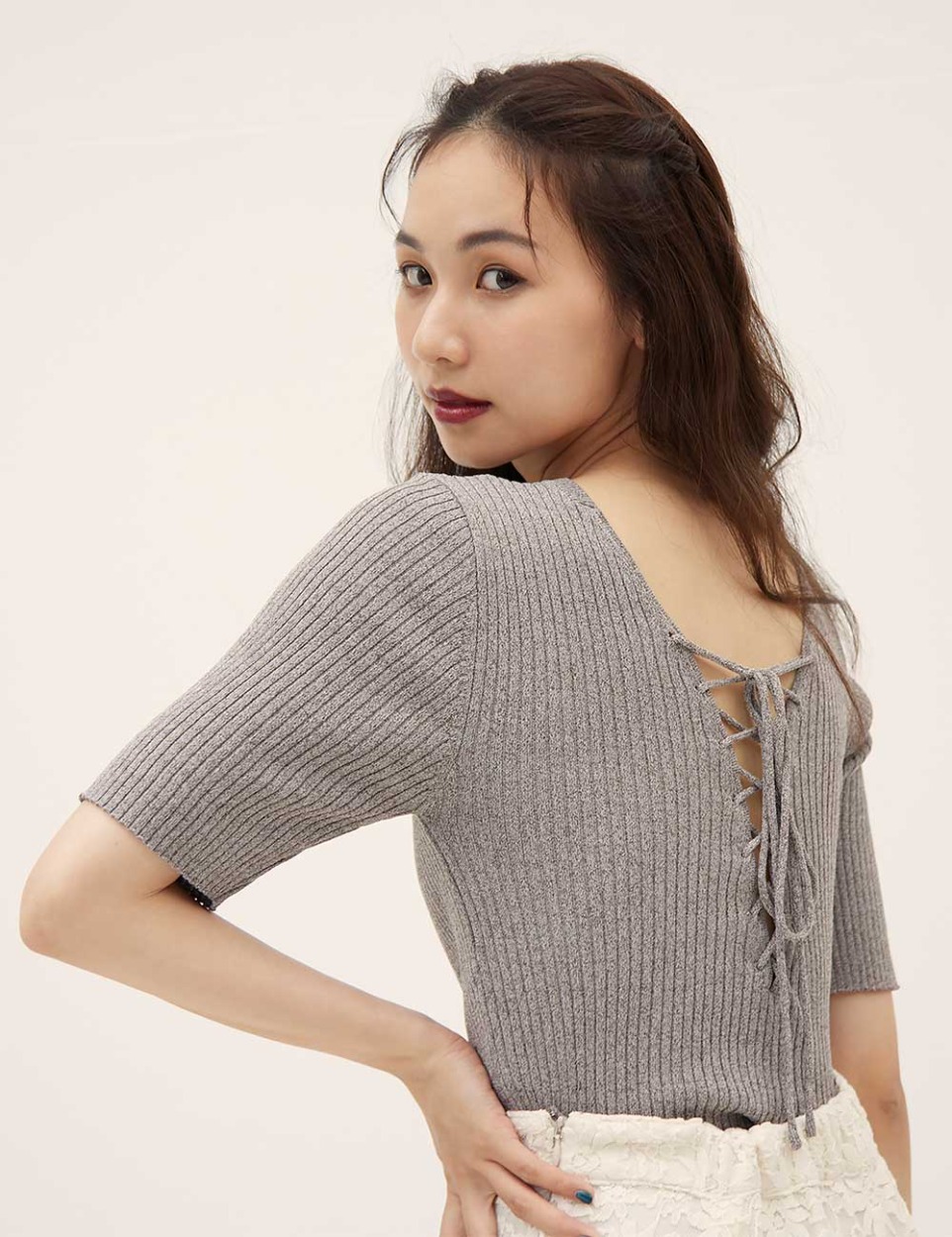 Lace up rib knit